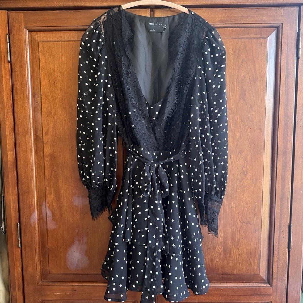 ASOS Black Polka Dot Mini Dress Size 8‎ Ruffle Skirt W/ Lace Trim Balloon Sleeve